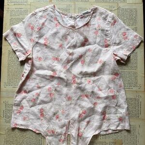 Shabby Chic Pink Floral Linen Top with Ties, Countrycore Style XS, Cottagecore